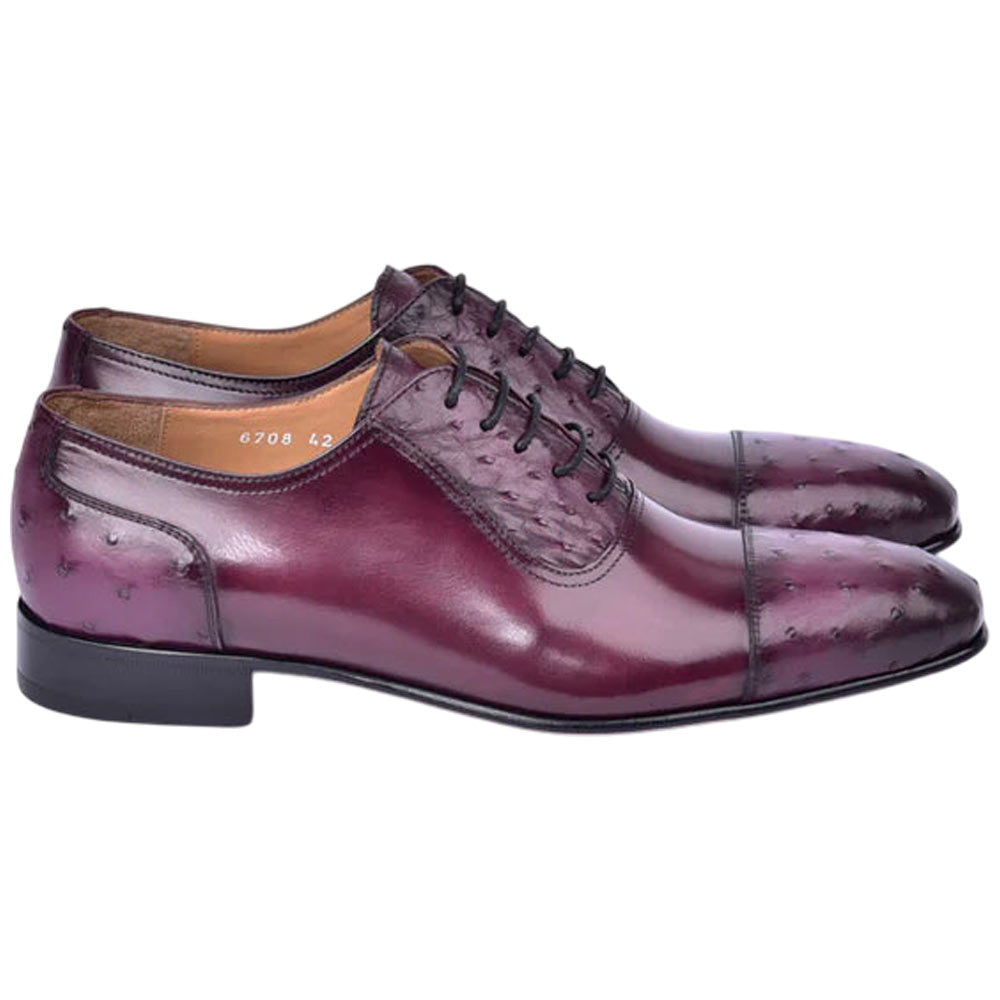 Corrente Men’s Genuine Ostrich Leather Burgundy Cap Toe Dress Shoe