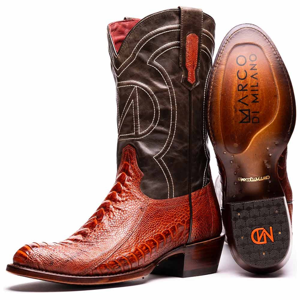 Denver Genuine Ostrich Leg Skin Cognac Cowboy Boot | Marco Di Milano Western Boots