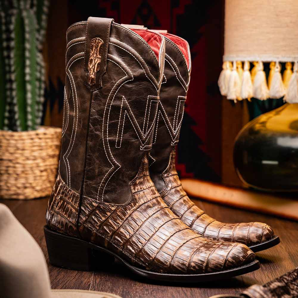 Phoenix Genuine Caiman Belly Skin Stone Brown Cowboy Boot | Marco Di Milano Western Boots