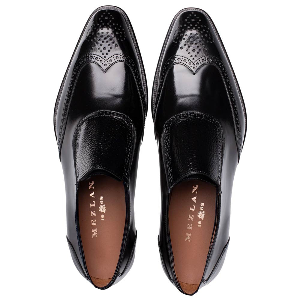 Mezlan Liberty II High Shine Calf Wing Tip Medallion Slip On - Men's Black