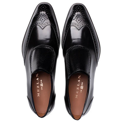 Mezlan Liberty II High Shine Calf Wing Tip Medallion Slip On - Men's Black