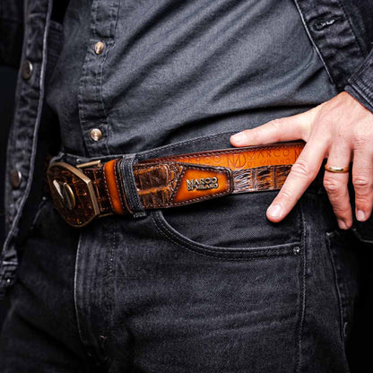 Texas Genuine Caiman Crocodile Skin Belt in Aged Brown with Antique Western Buckle | Marco Di Milano Exotic Belt