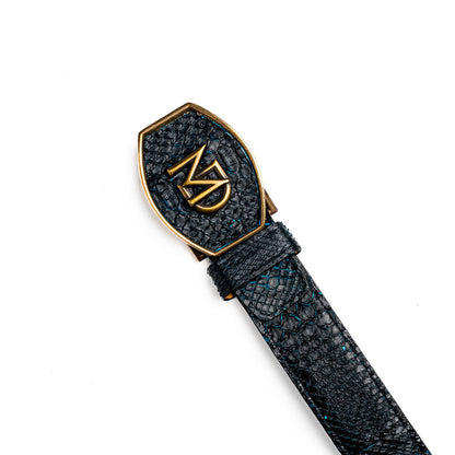 Arkansas Genuine Python Skin Western Belt in Black/Blue with Antique Western Buckle | Marco Di Milano Exotic Belt