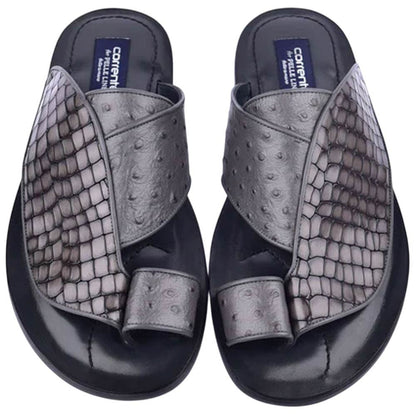 Corrente Men’s Grey Croco Print Ostrich Open Toe Leather Sandal