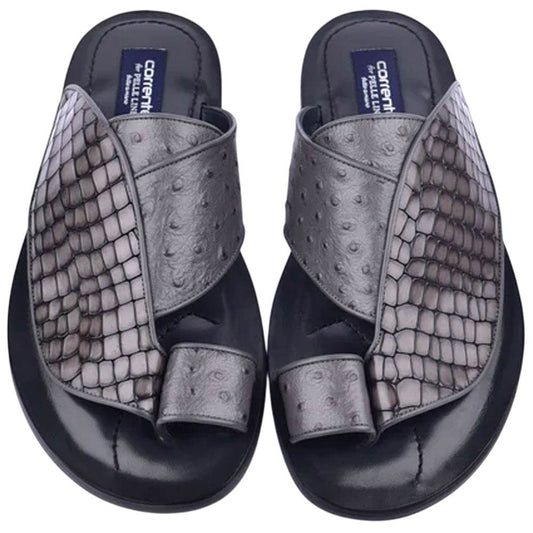Corrente Men’s Grey Croco Print Ostrich Open Toe Leather Sandal