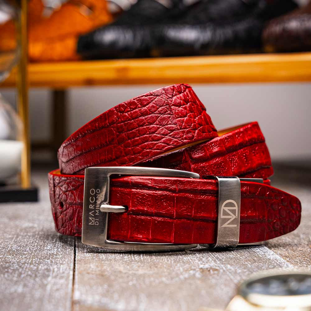 Riccardo Genuine Exotic Caiman Fuscus-Belly Red Belt with a Chrome Buckle | Marco Di Milano Exotic Belt
