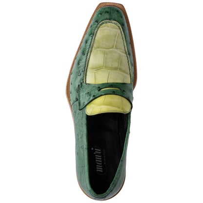 MAURI Shoes Men’s Exotic Dress Shoe Cyprus Alligator & Crispy Green Ostrich Quill Leather Luxury Loafer
