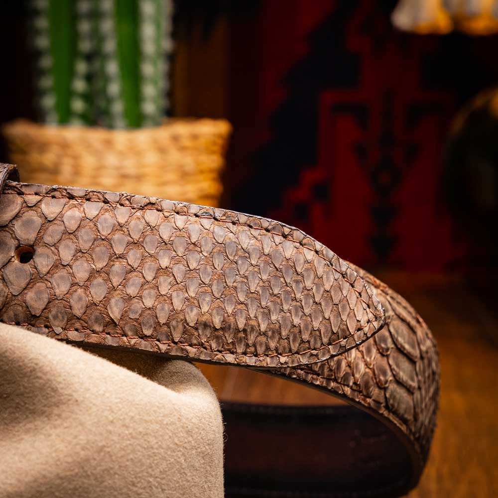 Arkansas Genuine Python Skin Western Belt in Brown with Antique Western Buckle | Marco Di Milano Exotic Belt