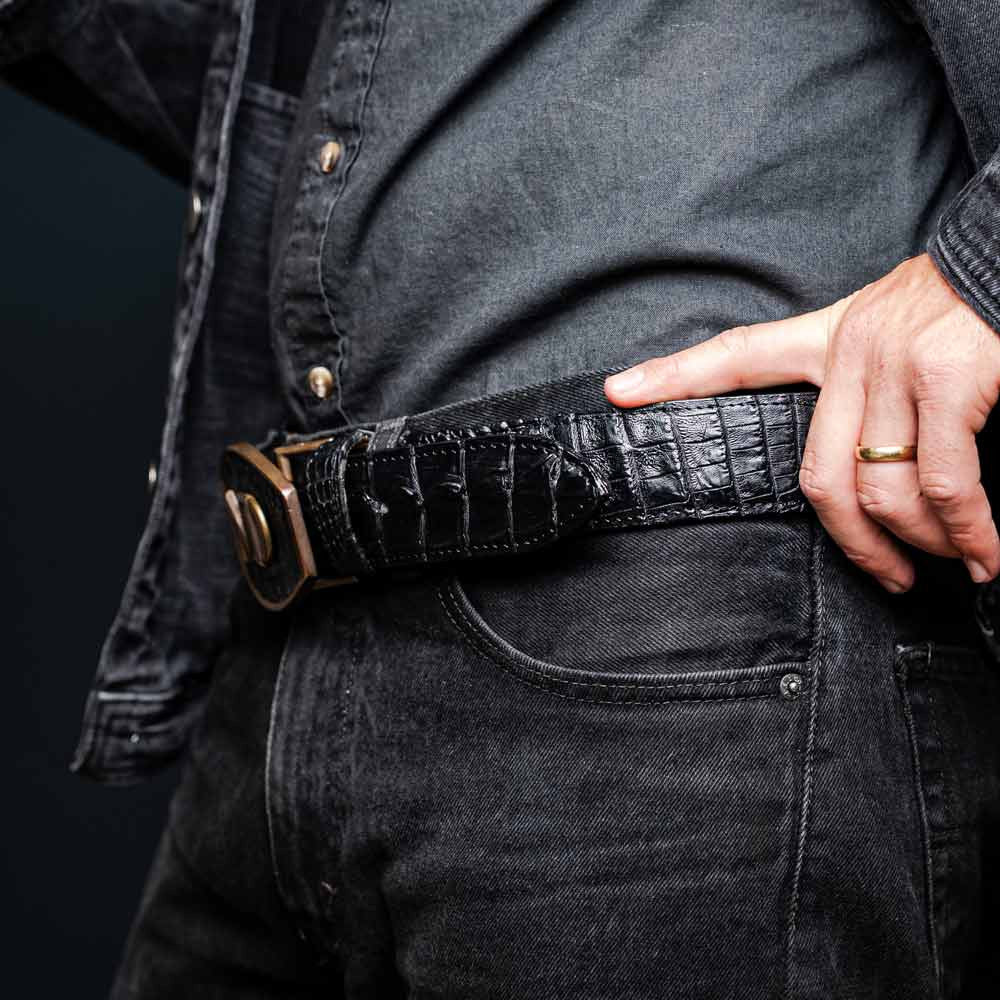 Marlboro Genuine Hornback Caiman Skin Belt in Black with Antique Western Buckle | Marco Di Milano Exotic Belt