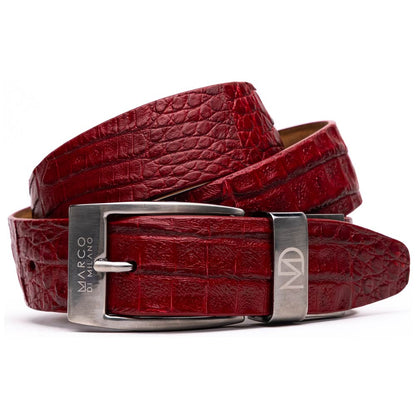 Riccardo Genuine Exotic Caiman Fuscus-Belly Red Belt with a Chrome Buckle | Marco Di Milano Exotic Belt