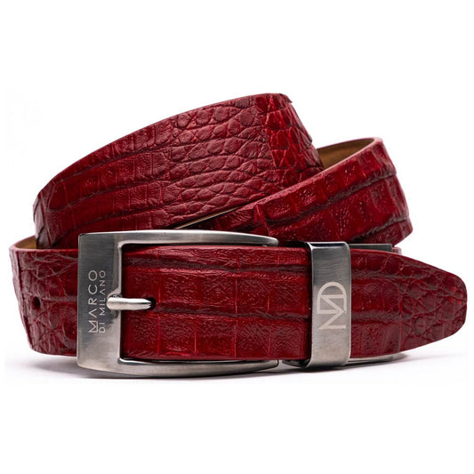Riccardo Genuine Exotic Caiman Fuscus-Belly Red Belt with a Chrome Buckle | Marco Di Milano Exotic Belt