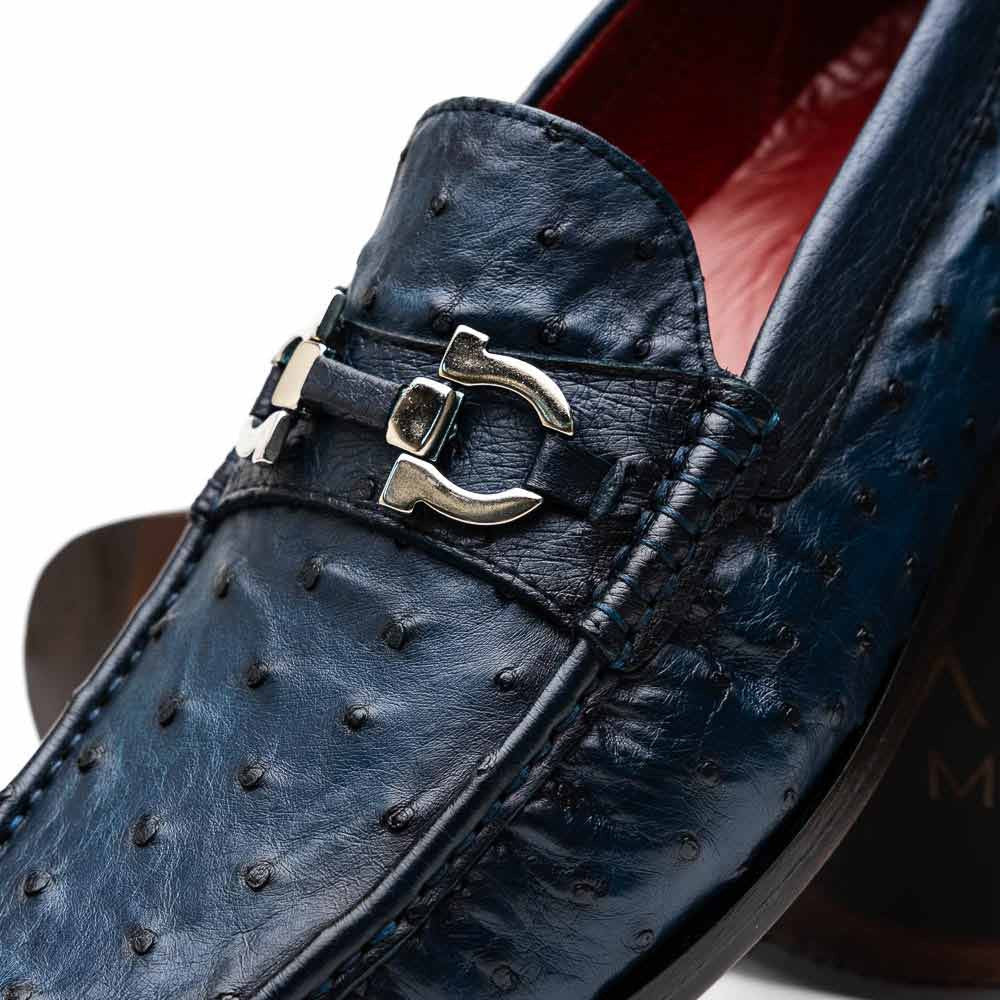 Ferrioni Men’s Genuine Ostrich Moc Toe Bit Loafers | Marco Di Milano in Navy