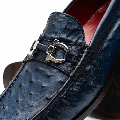 Ferrioni Men’s Genuine Ostrich Moc Toe Bit Loafers | Marco Di Milano in Navy