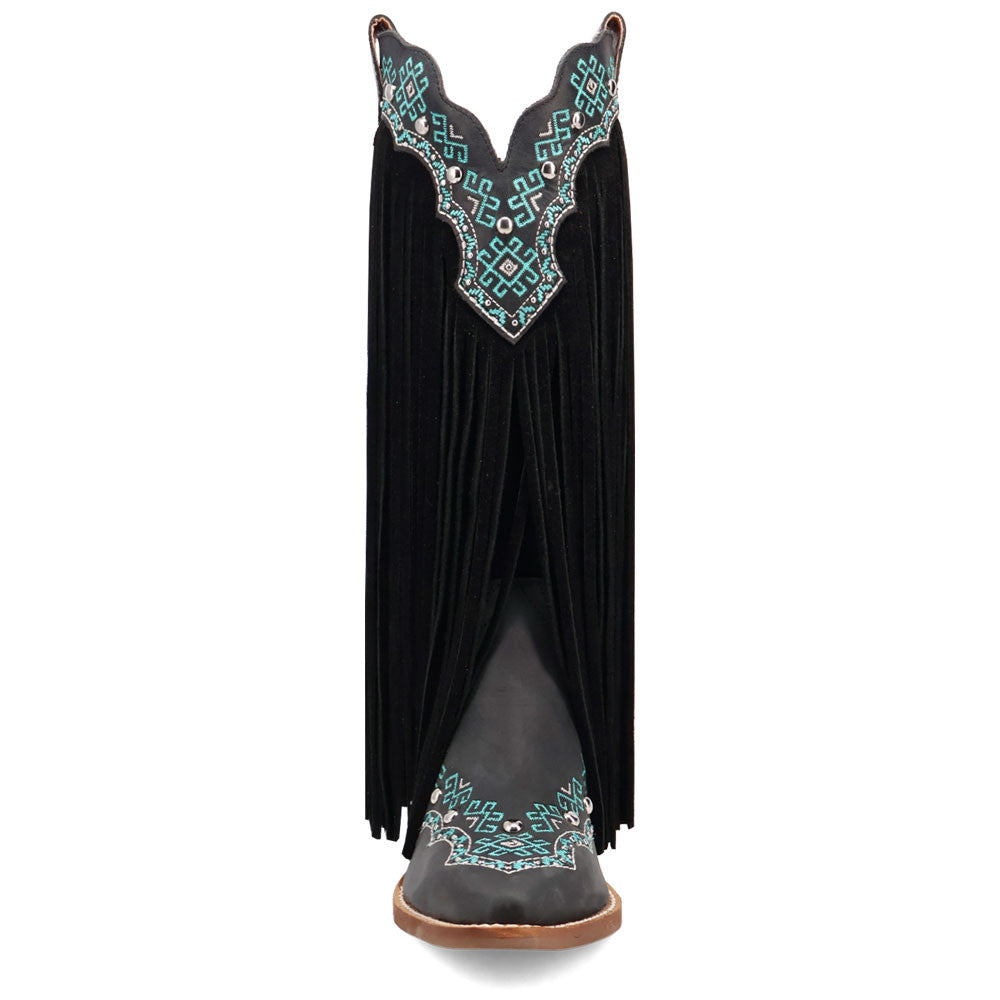 Tequila Sunrise Suede Black with Turquoise Embroidered Fringe Snip Toe Women Boot | Dingo Western Cowgirl Boots