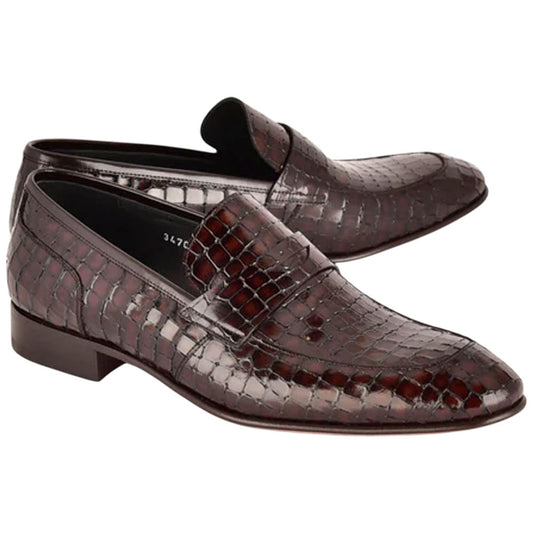 Corrente Men’s Crocodile Embossed Leather Brown Almond Toe Loafer