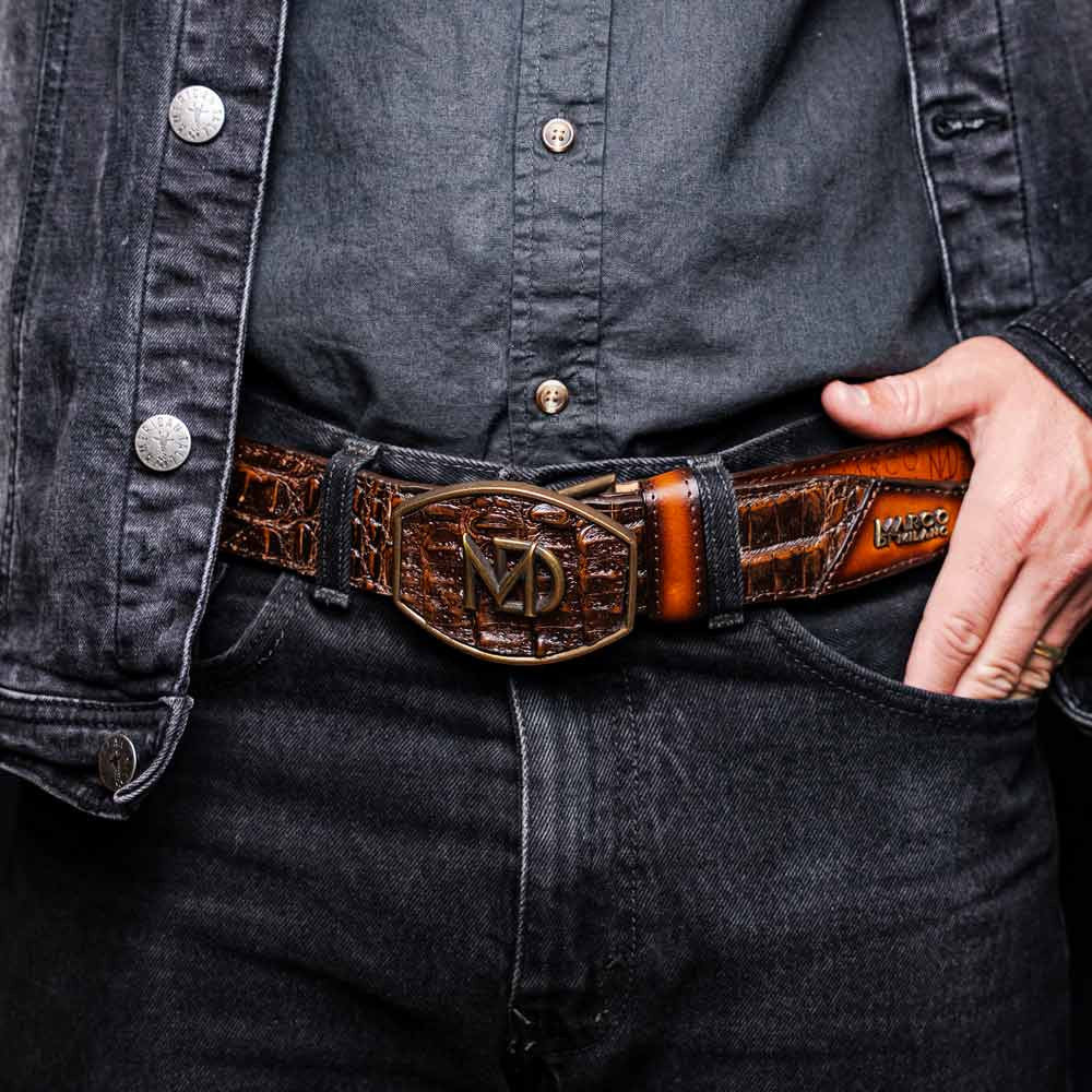Texas Genuine Caiman Crocodile Skin Belt in Aged Brown with Antique Western Buckle | Marco Di Milano Exotic Belt