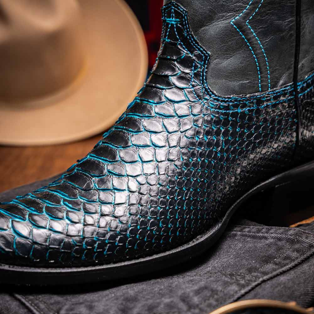 Kansas Genuine Python Skin Black/Blue Cowboy Boot | Marco Di Milano Western Boots