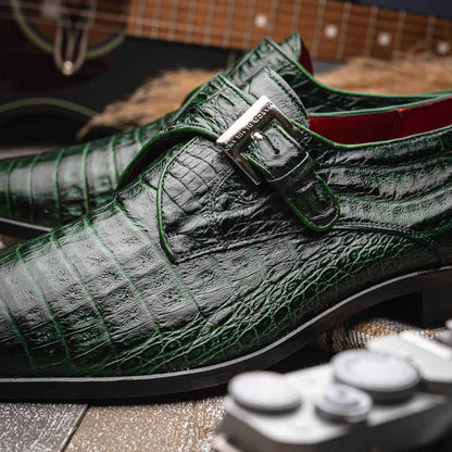 Rovigo Green Men’s Genuine Caiman Crocodile Skin Monk Strap | Marco Di Milano