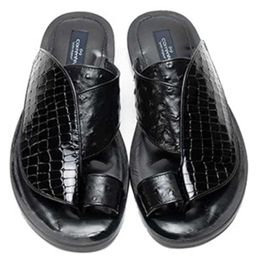 Corrente Resort Black Crocodile Printed Ostrich Leather Sandals for Men