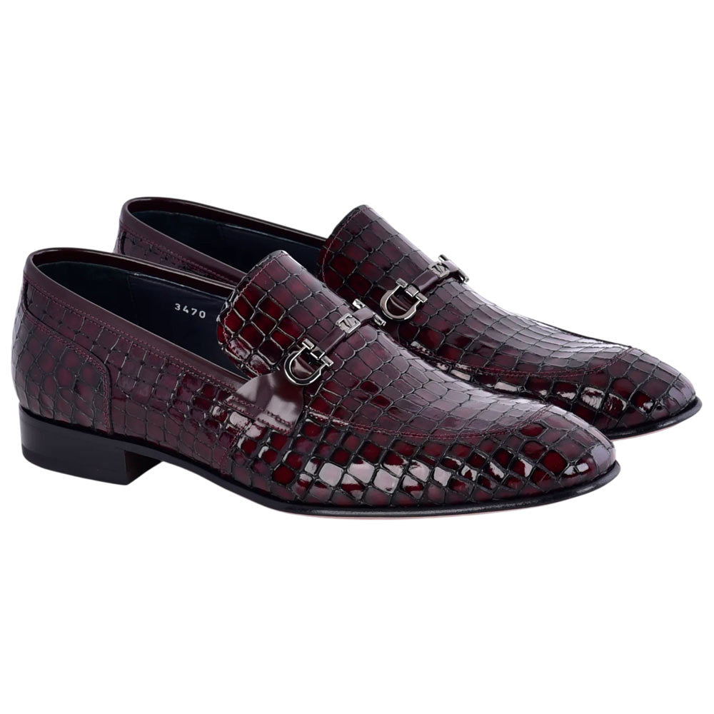 Corrente Men's Crocodile Print Leather Bit Loafer - Burgundy