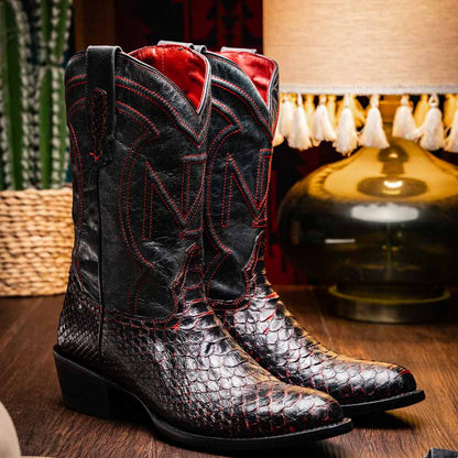 Kansas Genuine Python Skin Black Cherry Cowboy Boot | Marco Di Milano Western Boots