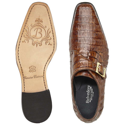 Belvedere Angelo Genuine Walnut Caiman Crocodile Skin Monk Strap (US Men Size)