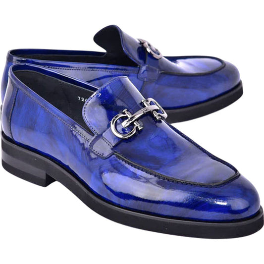 Corrente Men's Glossy Finish Marble Blue Low Cut Buckle Round Toe Loafer