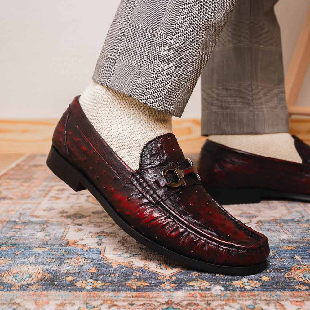 Ferrioni Black Cherry Genuine Ostrich Moc Toe Bit Loafers | MARCO DI MILANO