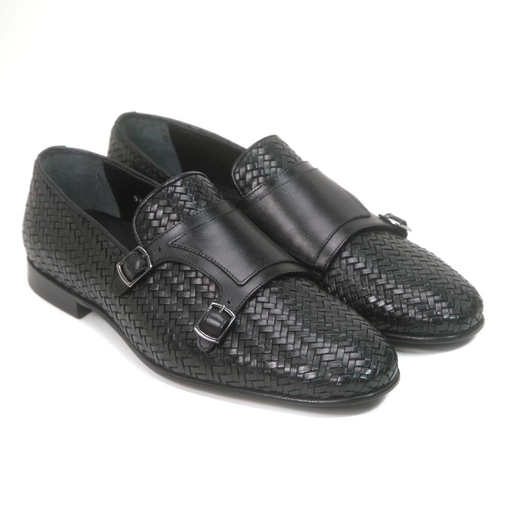 Golden Pass Black Woven Leather Double Monk Strap Dress Shoes for Men