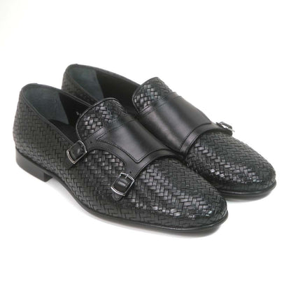 Golden Pass Black Woven Leather Double Monk Strap Dress Shoes for Men