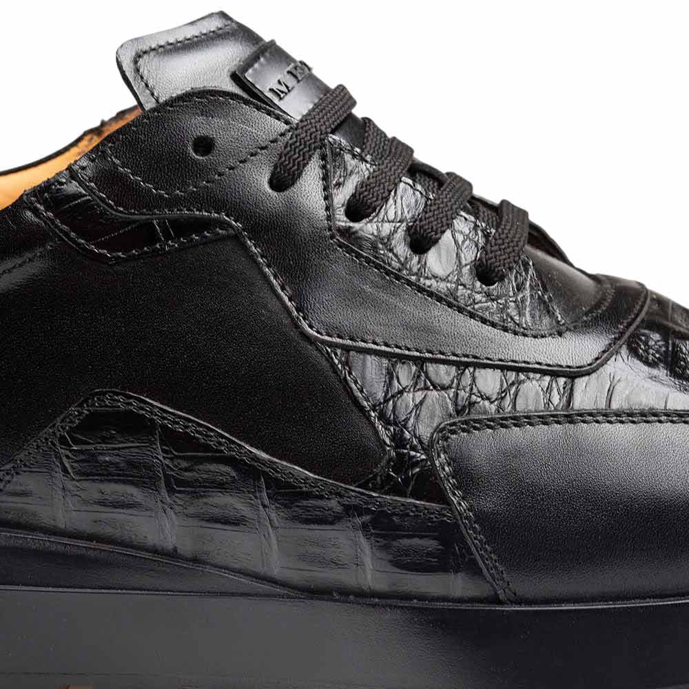 Mezlan Beckton Men's Black Patina Calfskin & Crocodile Dress Sneaker - Handmade in Spain