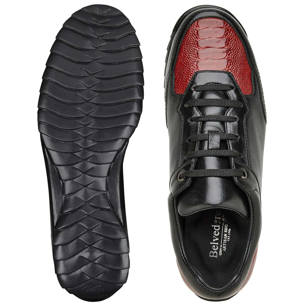 Belvedere Corvo Black & Red Genuine Ostrich Leg Casual Sneakers (USA Men Size)