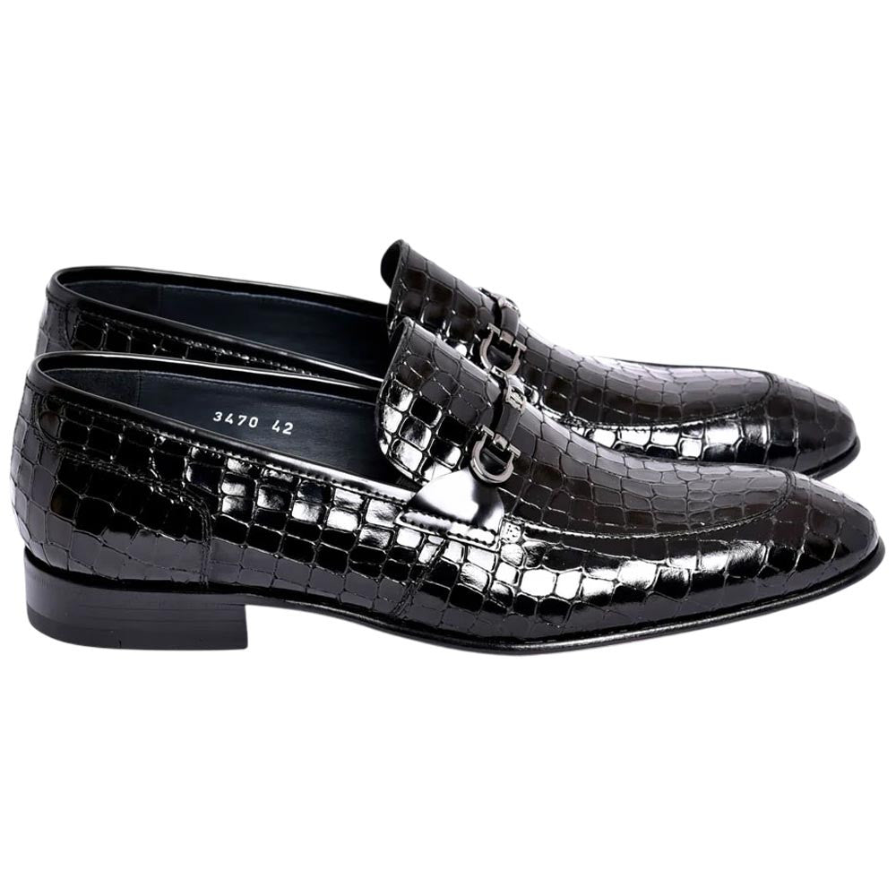 Corrente Men's Crocodile Print Leather Bit Loafer - Black