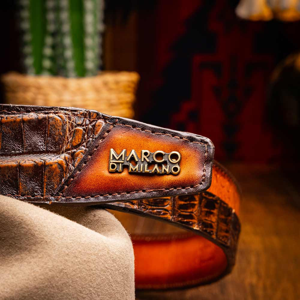 Texas Genuine Caiman Crocodile Skin Belt in Aged Brown with Antique Western Buckle | Marco Di Milano Exotic Belt