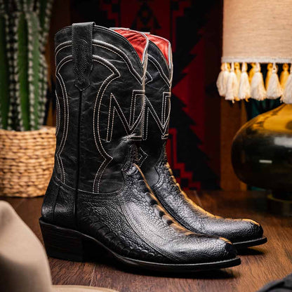 Denver Genuine Ostrich Leg Skin Black Cowboy Boot | Marco Di Milano Western Boots