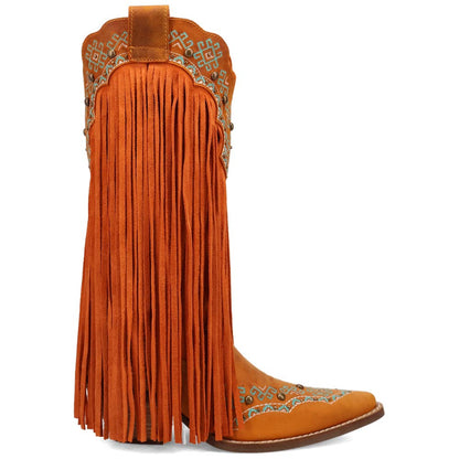 Tequila Sunrise Suede Rust with Turquoise Embroidered Fringe Snip Toe Women Boot | Dingo Western Cowgirl Boots