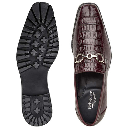Belvedere Men's Genuine Caiman and Ostrich Quill Burgundy Loafer - Corso