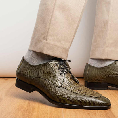 Merida Genuine Caiman and Lizard Skin Olive Green Dress Derby | Marco Di Milano