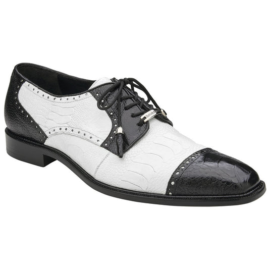 Belvedere Men’s Batta Genuine Ostrich Leg Black & White Cap Toe Lace-Up Derby Dress Shoes