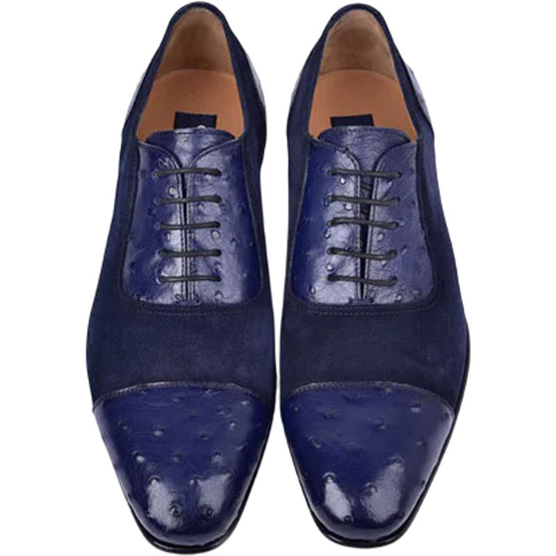 Corrente Men’s Navy Ostrich Skin and Leather Cap Toe Loafer