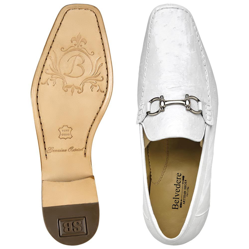 Belvedere Men’s Bartolo Full Quill Ostrich White Moc Toe Slip-On Loafer