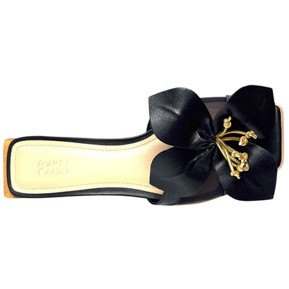 Lady Couture Women's Blossom Black Leather Slide Sandals