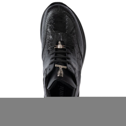 MAURI Shoes Men’s Brett Mid-Top Black Ostrich Quill, Ostrich Leg & Calfskin Leather Luxury Ankle Sneakers