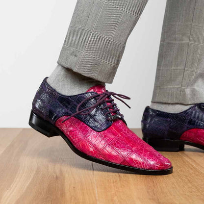 Pissa Pink/Purple Men’s Genuine Crocodile and Lizard Skin Patchwork Derby