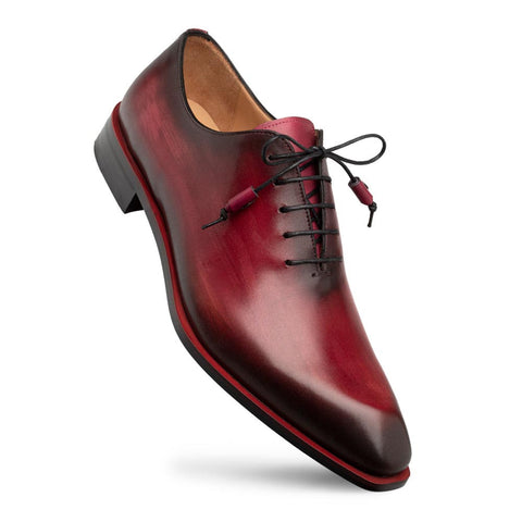 Mezlan Dietro Burgundy Whole Cut Angular Patina-Finish Calfskin Oxford Shoes