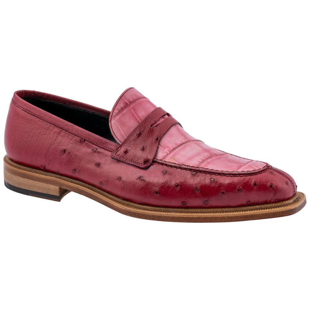 MAURI Shoes Men’s Moc Toe Lace-Up Pink Ostrich Quill & Red Alligator Leather Luxury Dress Shoes