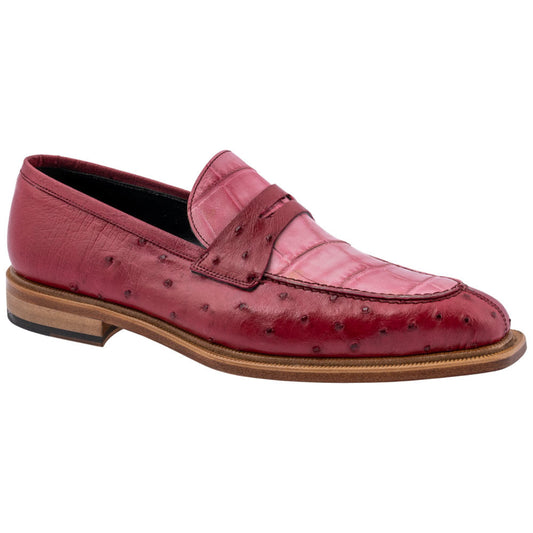 MAURI Shoes Men’s Moc Toe Lace-Up Pink Ostrich Quill & Red Alligator Leather Luxury Dress Shoes