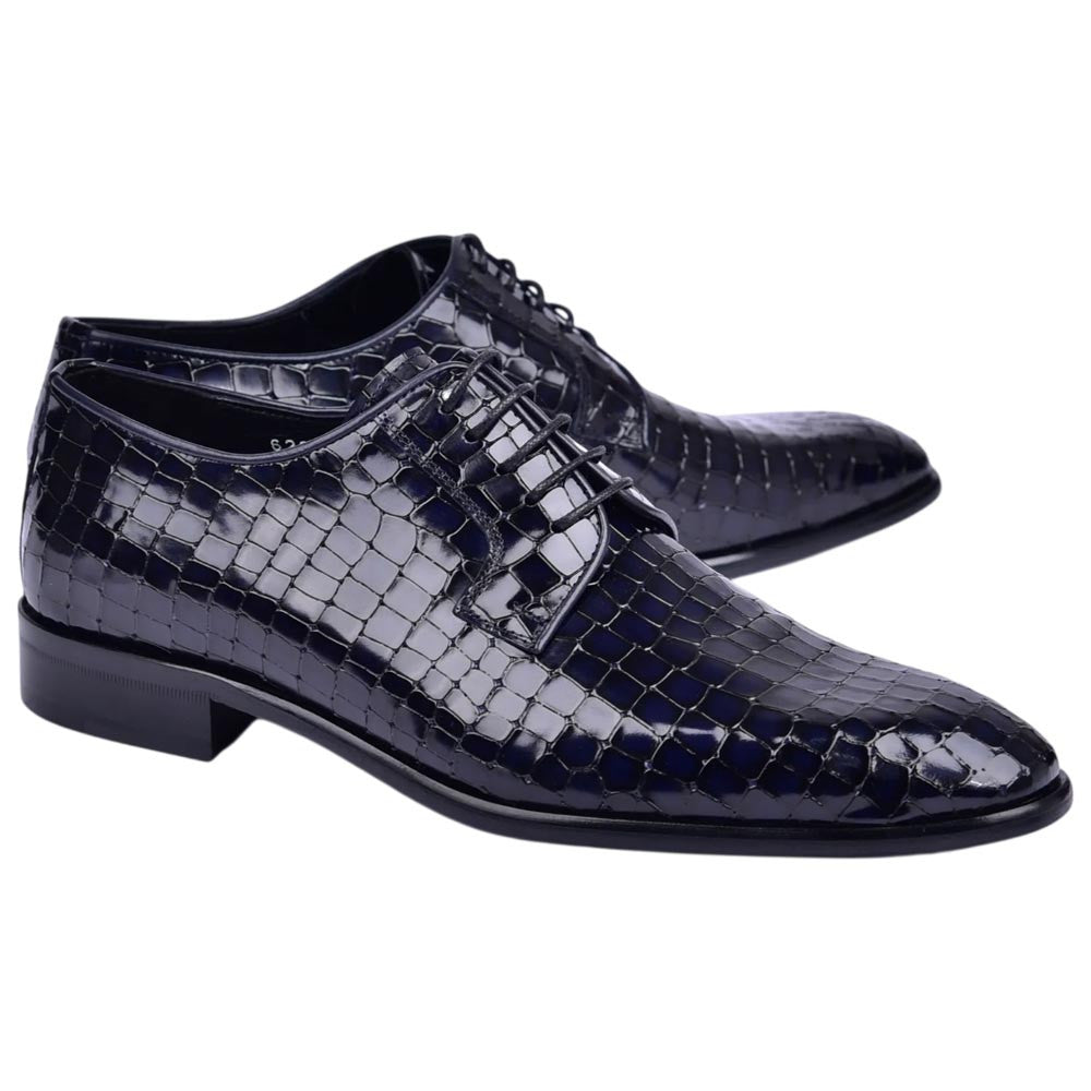 Corrente Men's Croco-Print Calfskin Derby - Navy