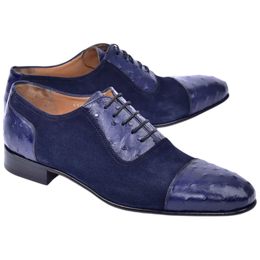 Corrente Men’s Navy Ostrich Skin and Leather Cap Toe Loafer