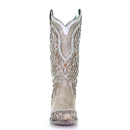 Corral White Overlay with Studs & Crystals Cowhide Leather Boots